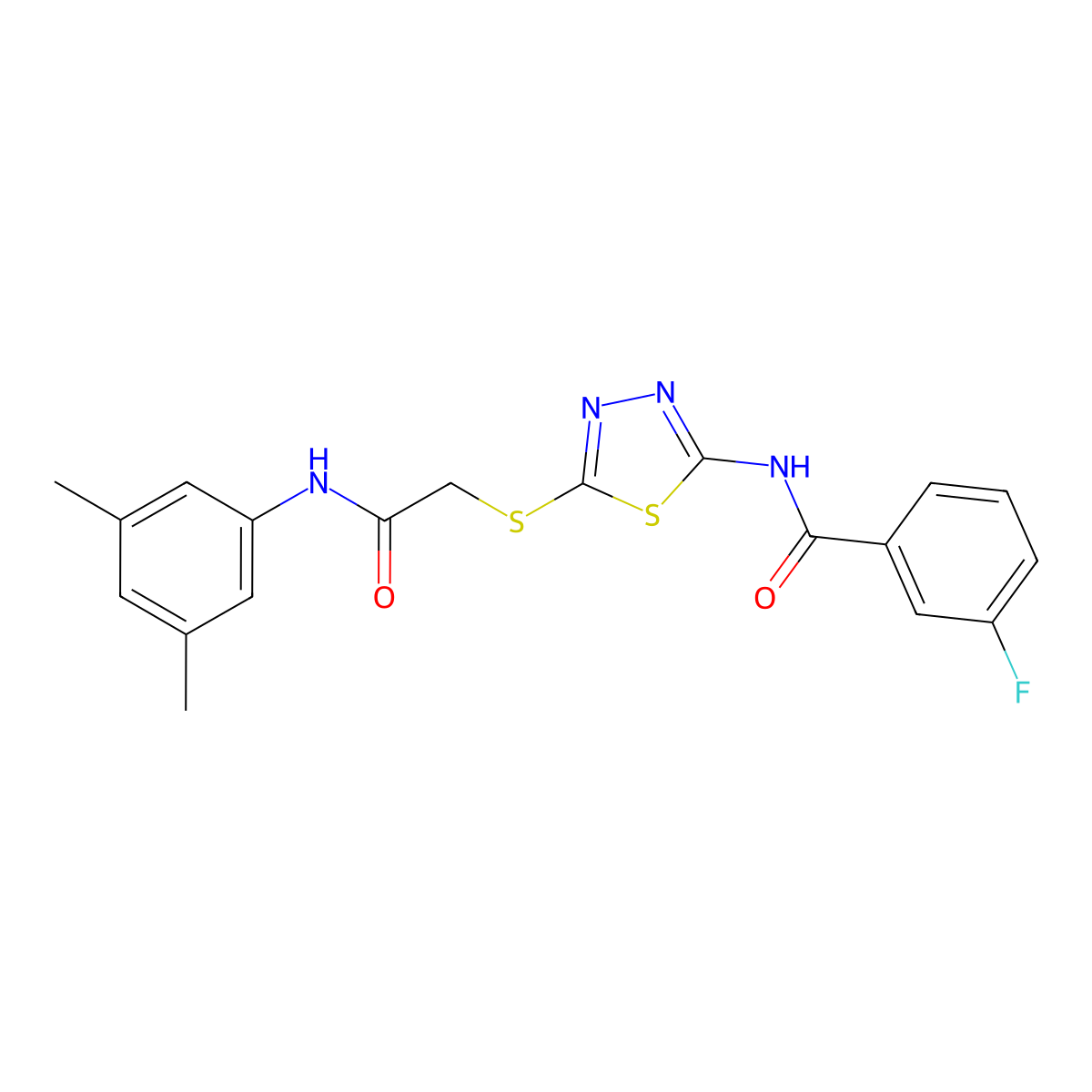 N-(5-((2-((3,5-dimethylphenyl)amino)-2-oxoethyl)thio)-1,3,4-thiadiazol-2-yl)-3-fluorobenzamide molecular structure, CAS 392296-41-2
