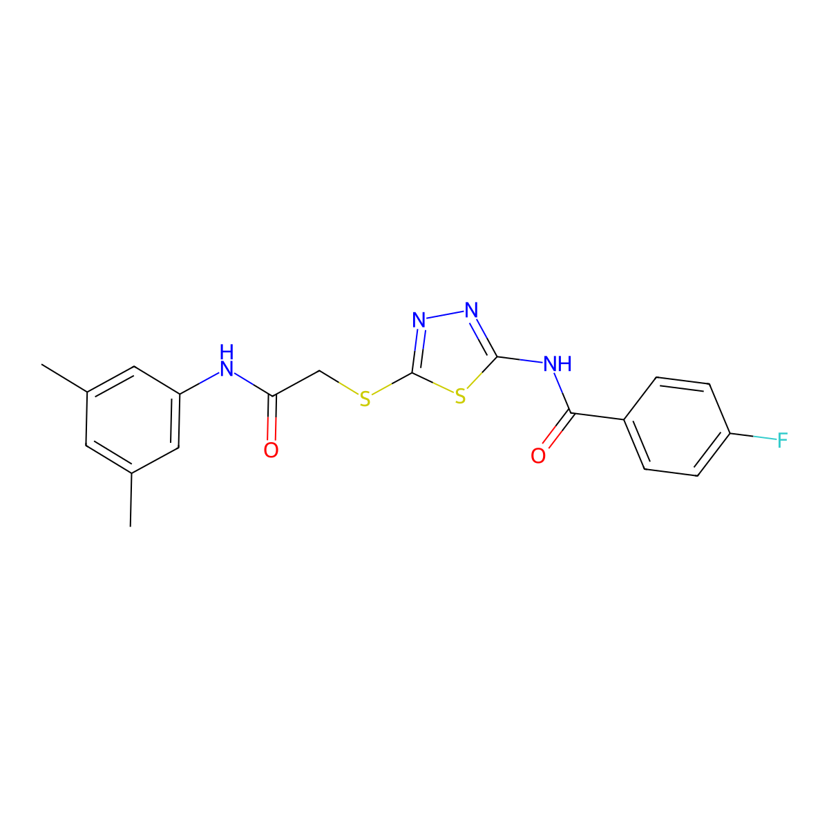 N-(5-((2-((3,5-dimethylphenyl)amino)-2-oxoethyl)thio)-1,3,4-thiadiazol-2-yl)-4-fluorobenzamide molecular structure, CAS 392296-43-4