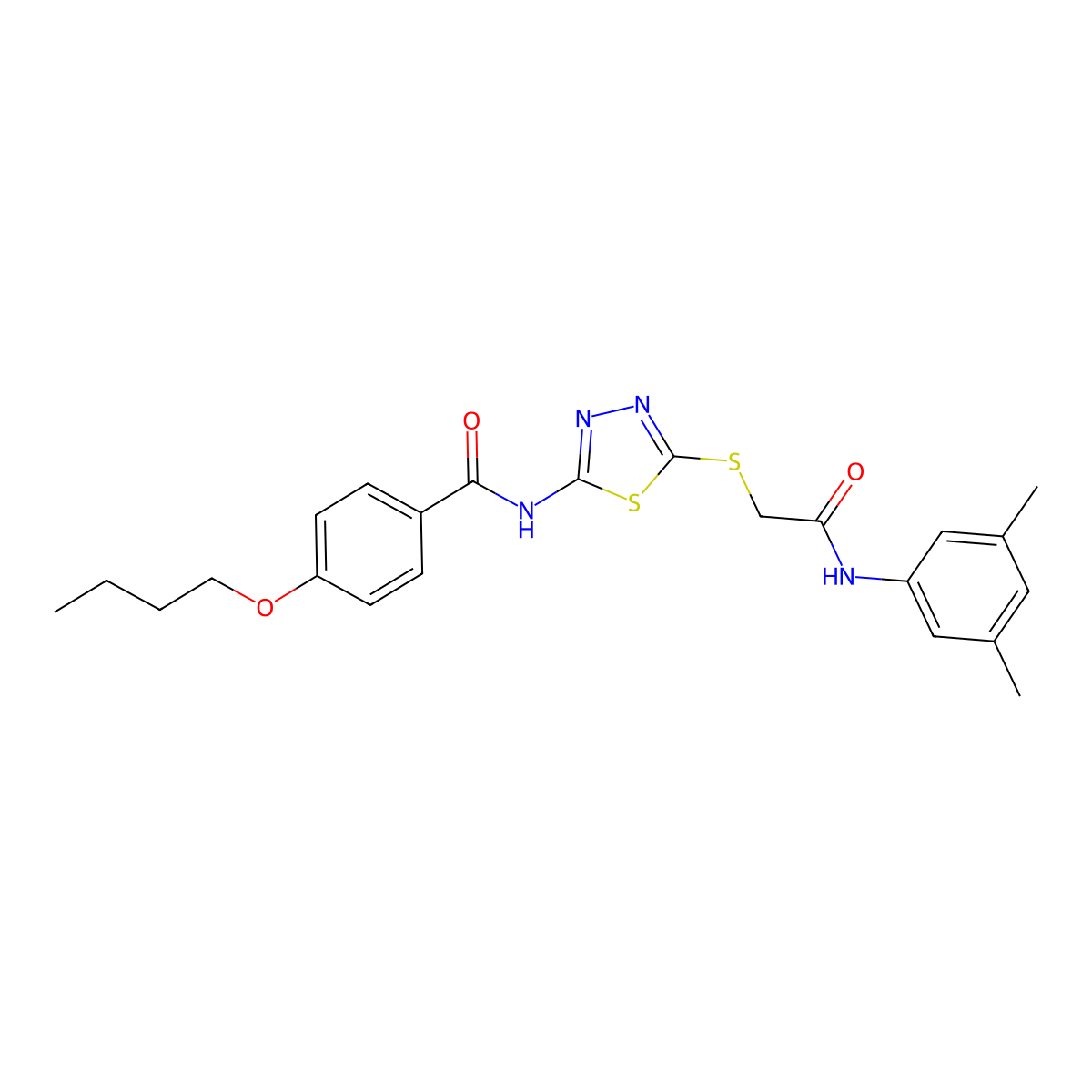 4-butoxy-N-(5-((2-((3,5-dimethylphenyl)amino)-2-oxoethyl)thio)-1,3,4-thiadiazol-2-yl)benzamide molecular structure, CAS 392296-51-4