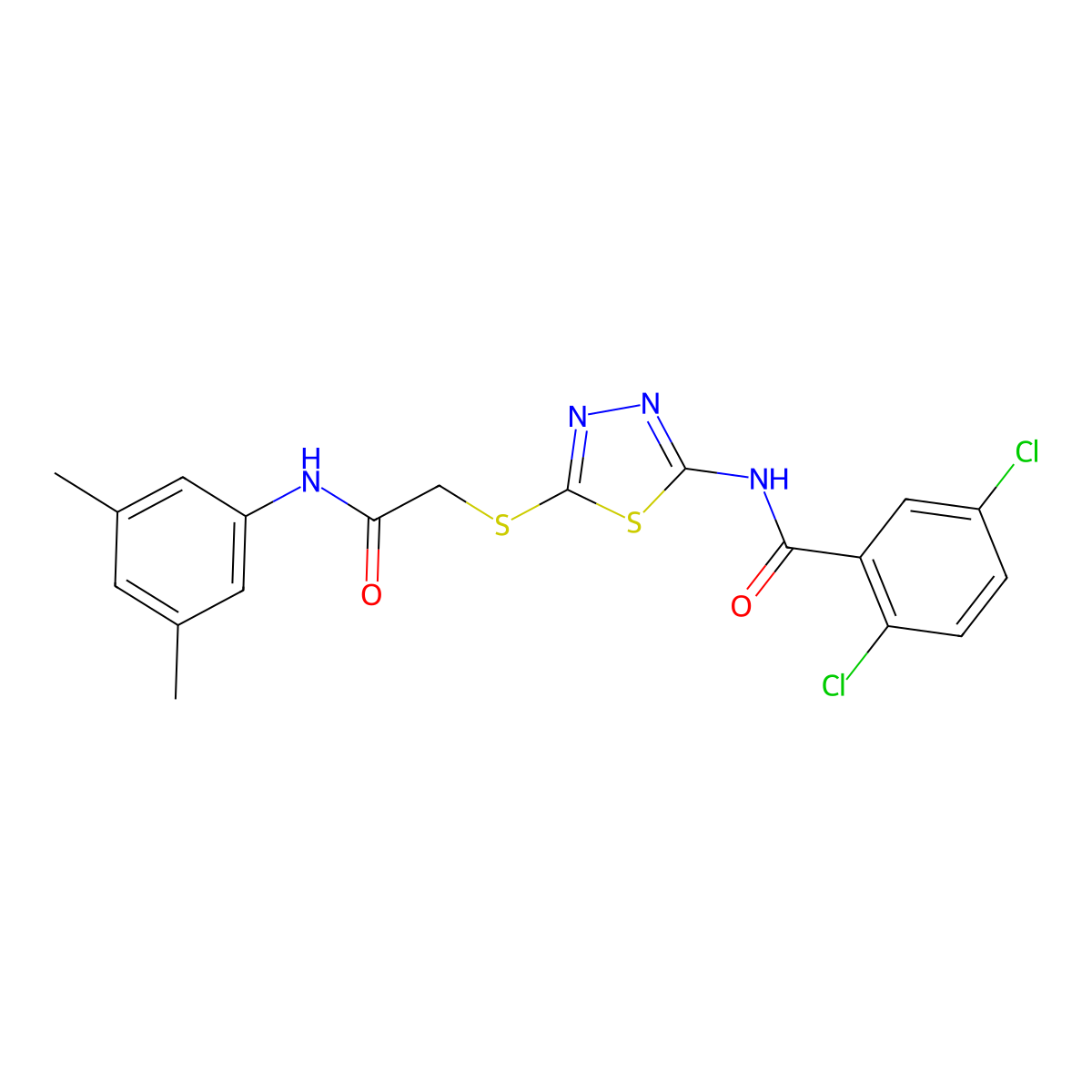 2,5-dichloro-N-(5-((2-((3,5-dimethylphenyl)amino)-2-oxoethyl)thio)-1,3,4-thiadiazol-2-yl)benzamide molecular structure, CAS 392296-61-6