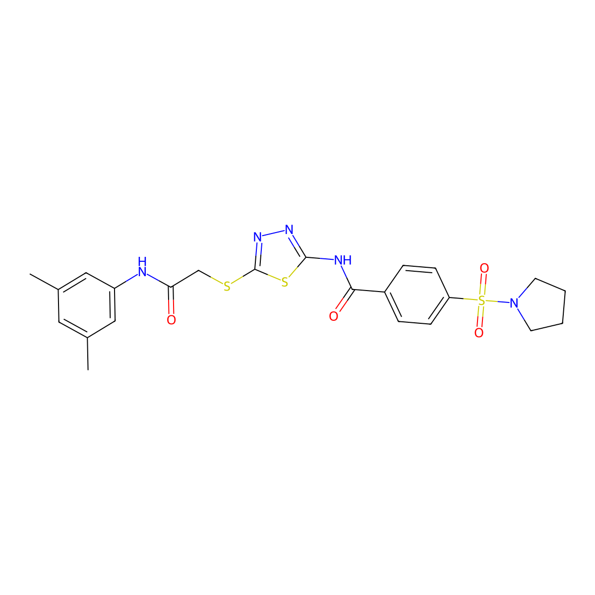 N-(5-((2-((3,5-dimethylphenyl)amino)-2-oxoethyl)thio)-1,3,4-thiadiazol-2-yl)-4-(pyrrolidin-1-ylsulfonyl)benzamide molecular structure, CAS 392296-78-5
