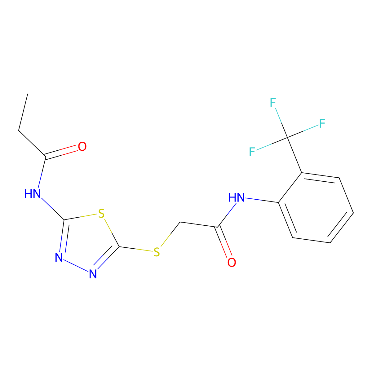 N-(5-((2-oxo-2-((2-(trifluoromethyl)phenyl)amino)ethyl)thio)-1,3,4-thiadiazol-2-yl)propionamide molecular structure, CAS 392296-80-9