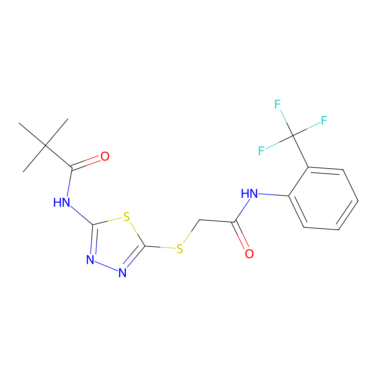 N-(5-((2-oxo-2-((2-(trifluoromethyl)phenyl)amino)ethyl)thio)-1,3,4-thiadiazol-2-yl)pivalamide molecular structure, CAS 392296-81-0