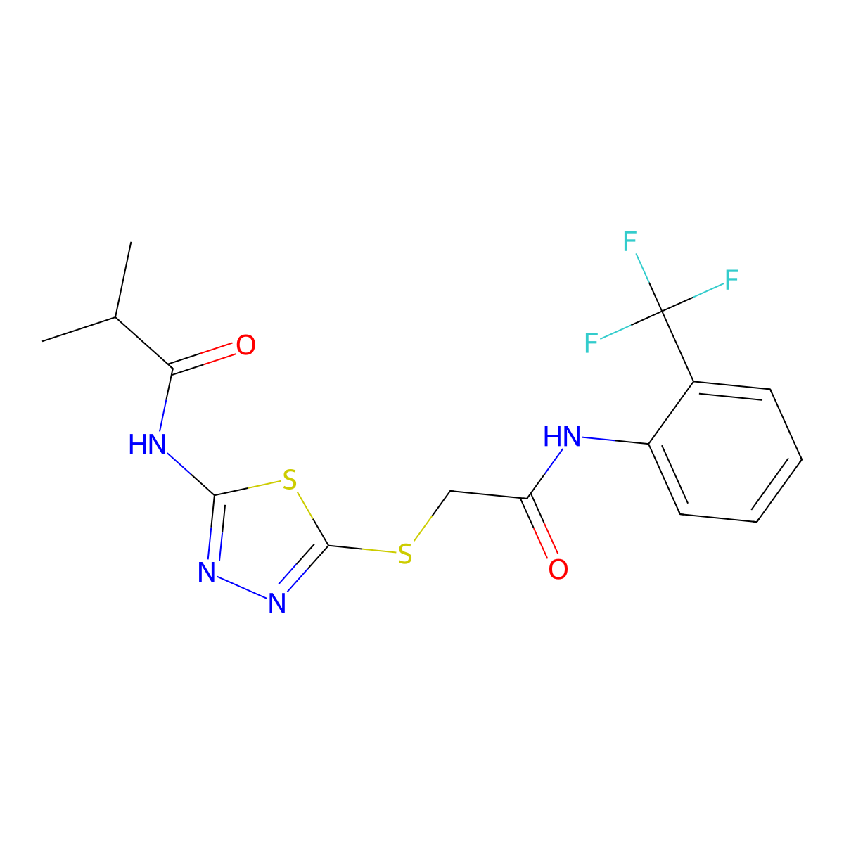 N-(5-((2-oxo-2-((2-(trifluoromethyl)phenyl)amino)ethyl)thio)-1,3,4-thiadiazol-2-yl)isobutyramide molecular structure, CAS 392296-82-1
