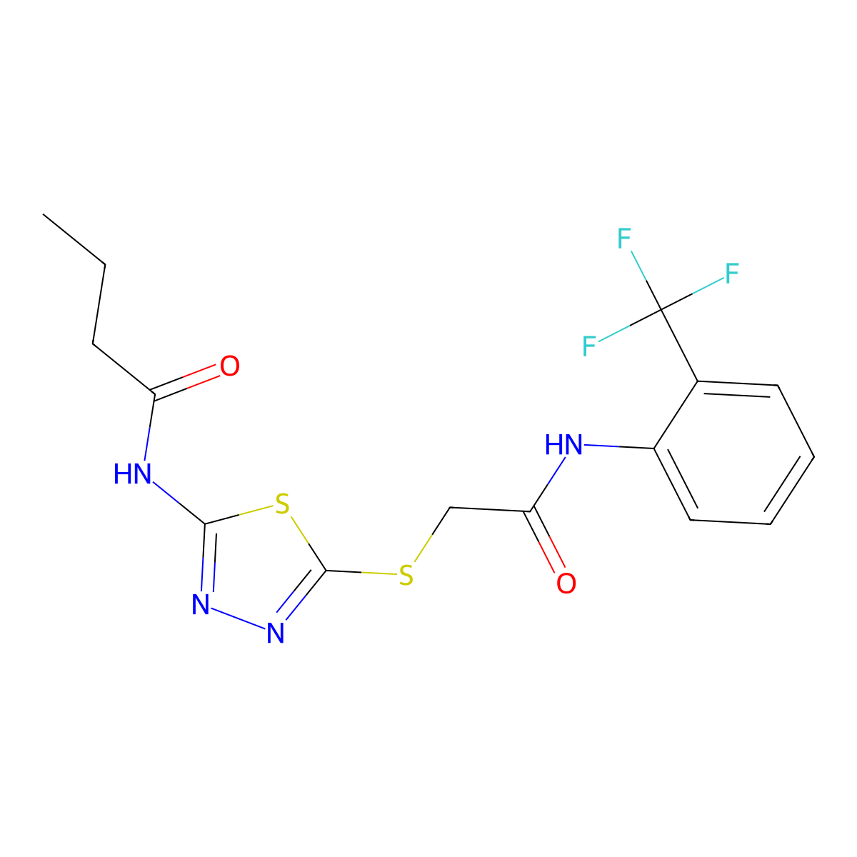 N-(5-((2-oxo-2-((2-(trifluoromethyl)phenyl)amino)ethyl)thio)-1,3,4-thiadiazol-2-yl)butyramide molecular structure, CAS 392296-83-2