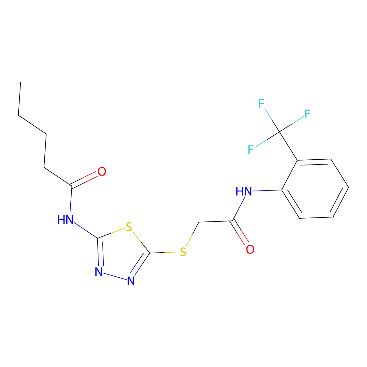 N-(5-((2-oxo-2-((2-(trifluoromethyl)phenyl)amino)ethyl)thio)-1,3,4-thiadiazol-2-yl)pentanamide molecular structure, CAS 392296-85-4