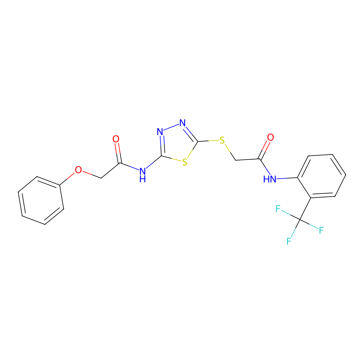 N-(5-((2-oxo-2-((2-(trifluoromethyl)phenyl)amino)ethyl)thio)-1,3,4-thiadiazol-2-yl)-2-phenoxyacetamide molecular structure, CAS 392296-87-6