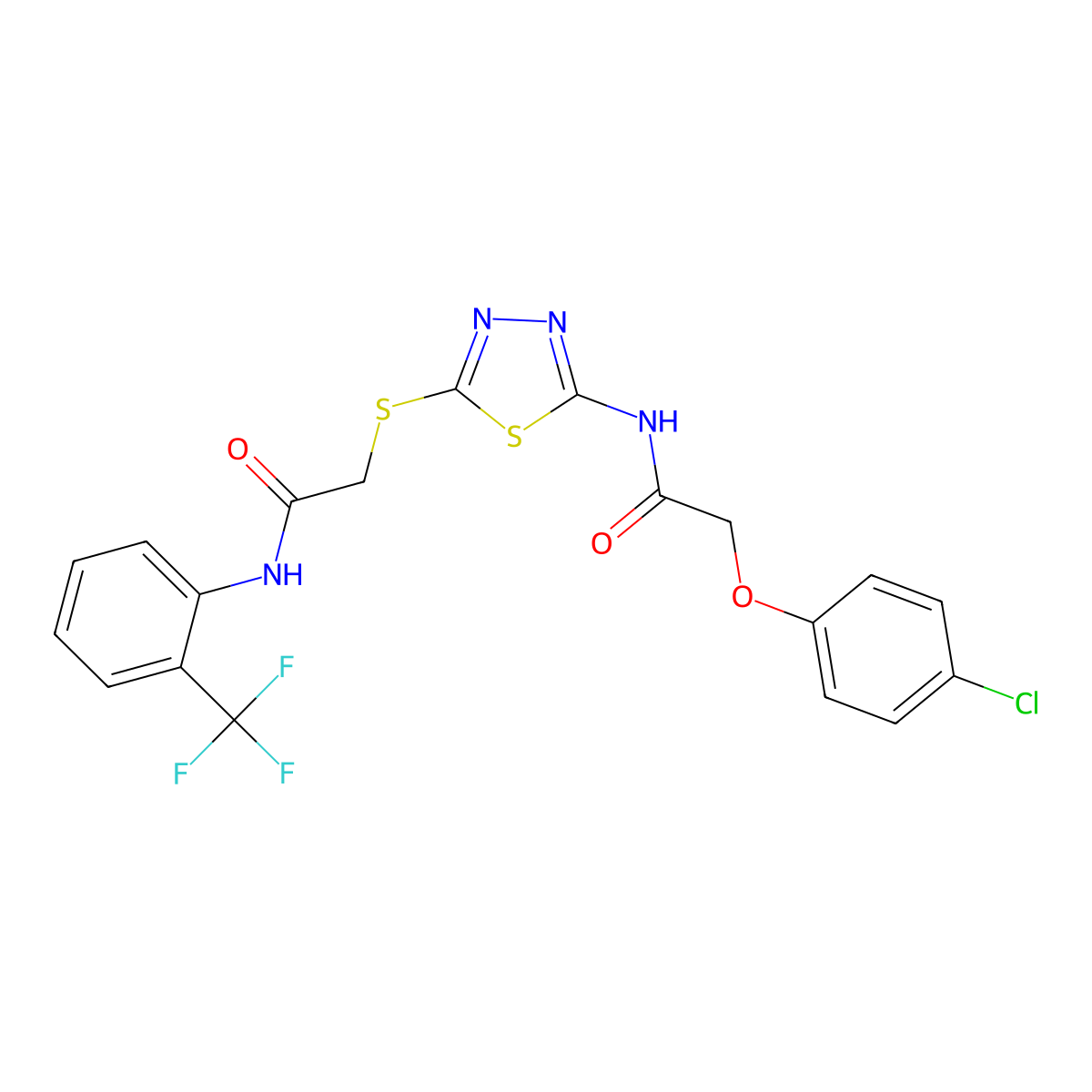 2-(4-chlorophenoxy)-N-(5-((2-oxo-2-((2-(trifluoromethyl)phenyl)amino)ethyl)thio)-1,3,4-thiadiazol-2-yl)acetamide molecular structure, CAS 392296-88-7