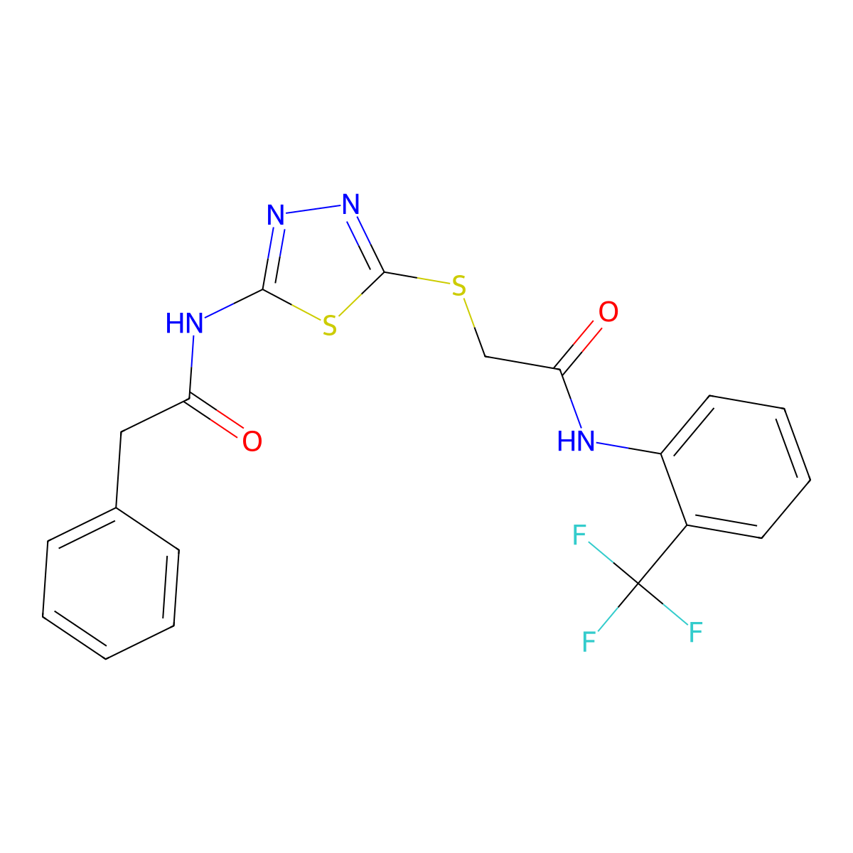 N-(5-((2-oxo-2-((2-(trifluoromethyl)phenyl)amino)ethyl)thio)-1,3,4-thiadiazol-2-yl)-2-phenylacetamide molecular structure, CAS 392296-89-8