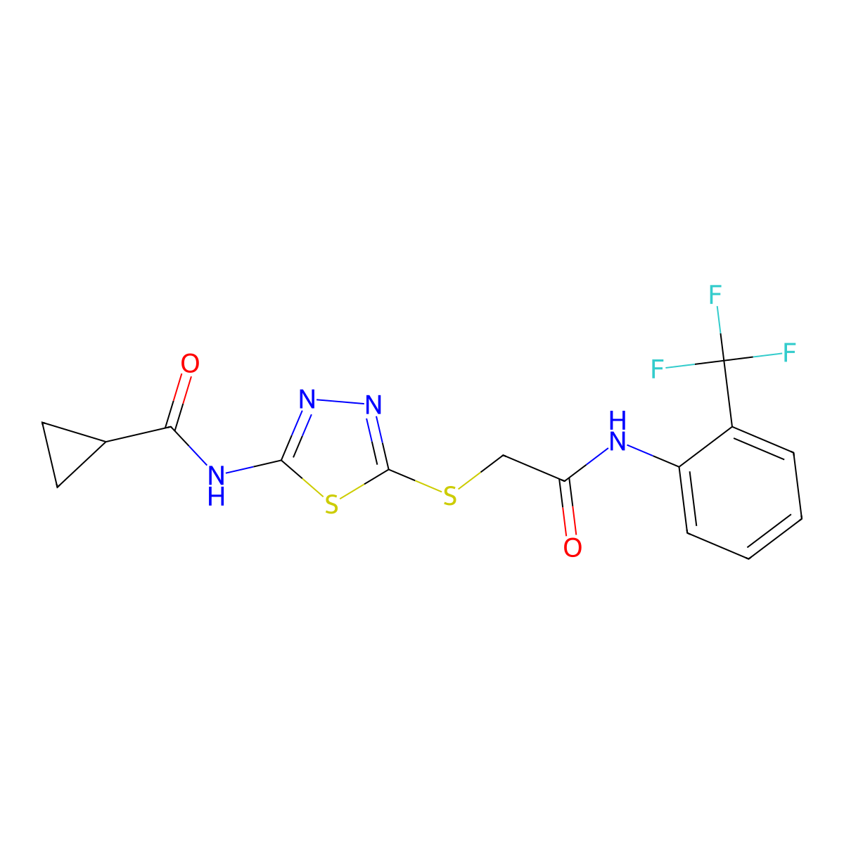 N-(5-((2-oxo-2-((2-(trifluoromethyl)phenyl)amino)ethyl)thio)-1,3,4-thiadiazol-2-yl)cyclopropanecarboxamide molecular structure, CAS 392296-91-2