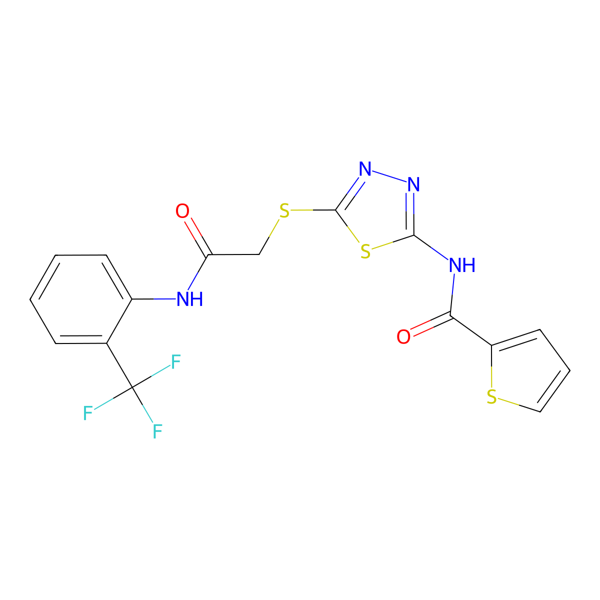 N-[5-[2-oxo-2-[2-(trifluoromethyl)anilino]ethyl]sulfanyl-1,3,4-thiadiazol-2-yl]thiophene-2-carboxamide molecular structure, CAS 392296-92-3
