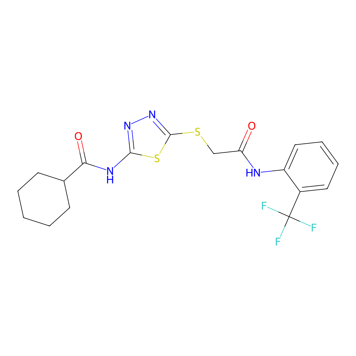 N-(5-((2-oxo-2-((2-(trifluoromethyl)phenyl)amino)ethyl)thio)-1,3,4-thiadiazol-2-yl)cyclohexanecarboxamide molecular structure, CAS 392296-93-4