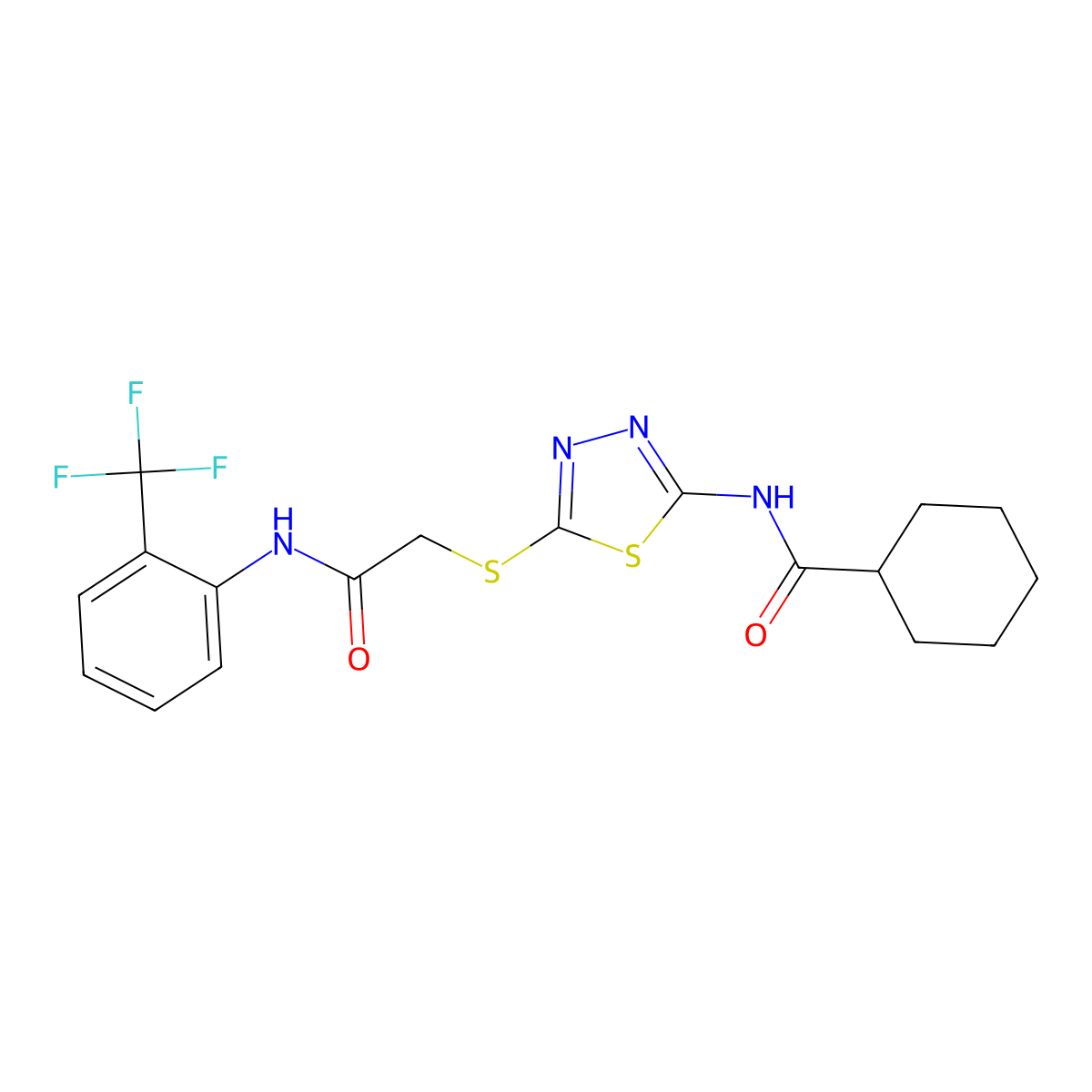 N-(5-((2-oxo-2-((2-(trifluoromethyl)phenyl)amino)ethyl)thio)-1,3,4-thiadiazol-2-yl)cyclohexanecarboxamide molecular structure, CAS 392296-93-4