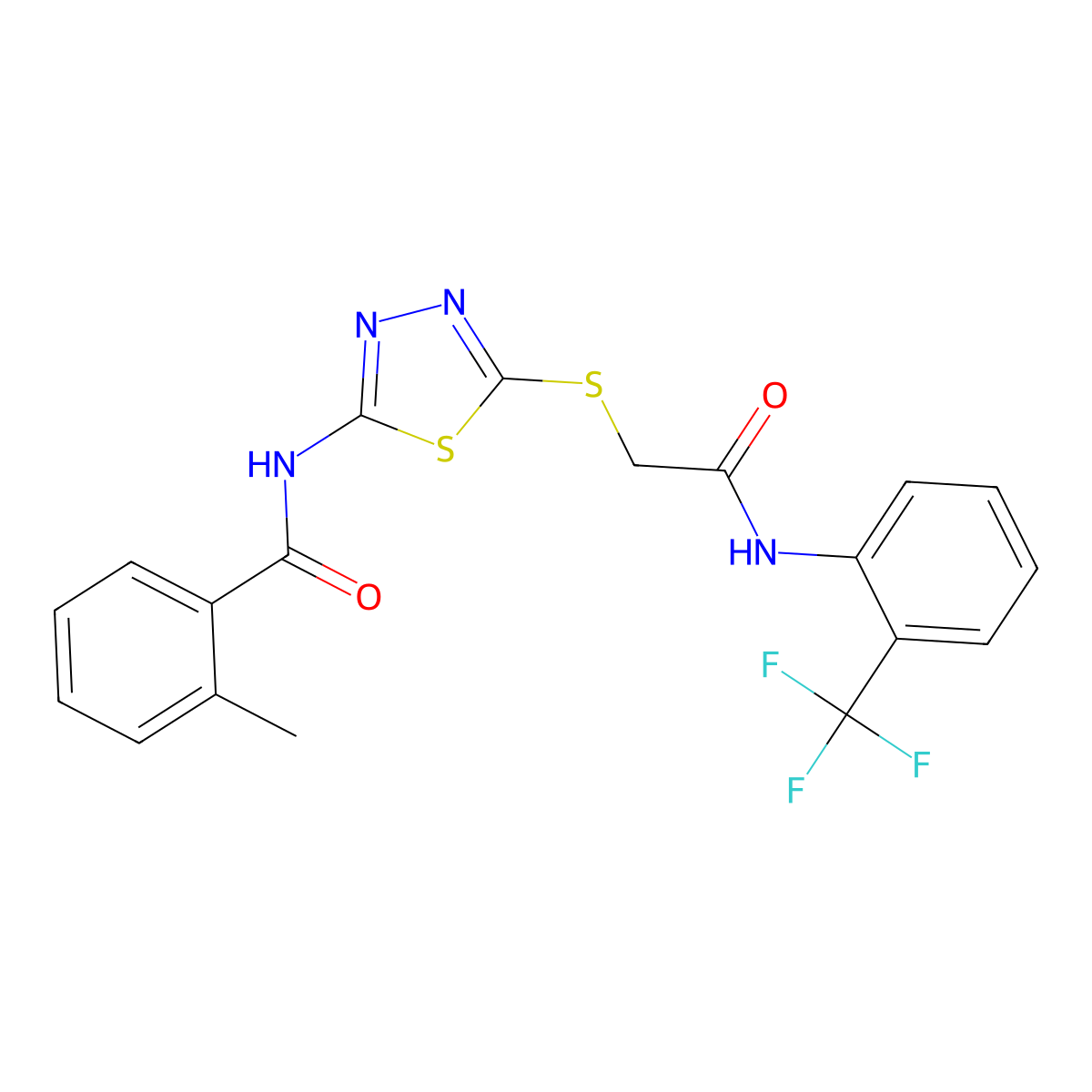 2-methyl-N-[5-[2-oxo-2-[2-(trifluoromethyl)anilino]ethyl]sulfanyl-1,3,4-thiadiazol-2-yl]benzamide molecular structure, CAS 392296-94-5