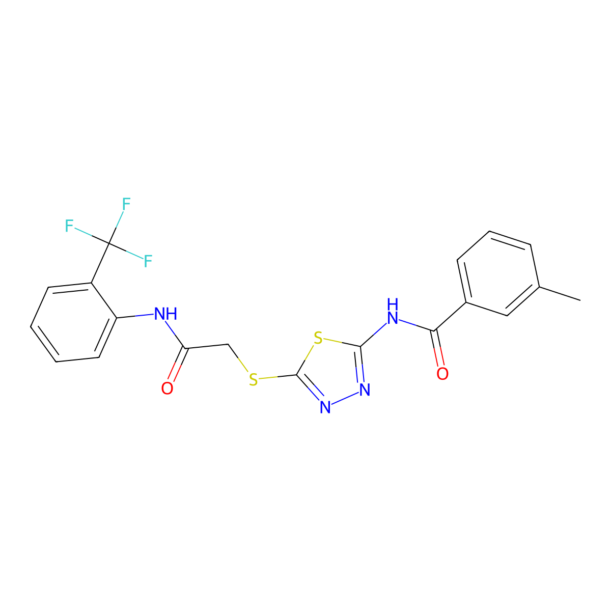 3-methyl-N-[5-[2-oxo-2-[2-(trifluoromethyl)anilino]ethyl]sulfanyl-1,3,4-thiadiazol-2-yl]benzamide molecular structure, CAS 392296-95-6