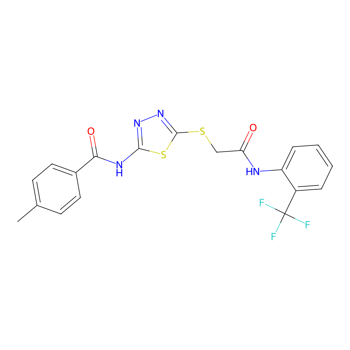 4-methyl-N-(5-((2-oxo-2-((2-(trifluoromethyl)phenyl)amino)ethyl)thio)-1,3,4-thiadiazol-2-yl)benzamide molecular structure, CAS 392296-96-7