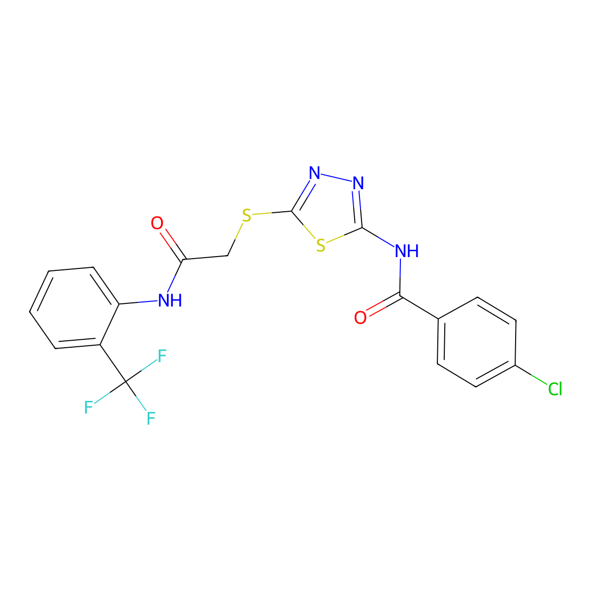 4-chloro-N-(5-((2-oxo-2-((2-(trifluoromethyl)phenyl)amino)ethyl)thio)-1,3,4-thiadiazol-2-yl)benzamide molecular structure, CAS 392296-97-8