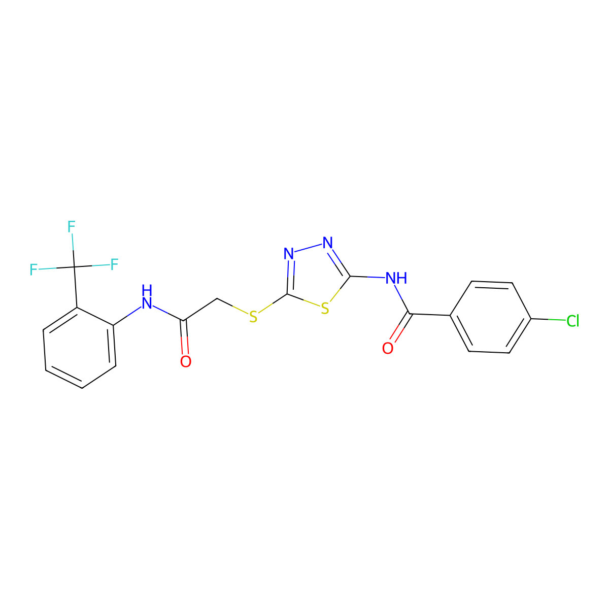4-chloro-N-(5-((2-oxo-2-((2-(trifluoromethyl)phenyl)amino)ethyl)thio)-1,3,4-thiadiazol-2-yl)benzamide molecular structure, CAS 392296-97-8