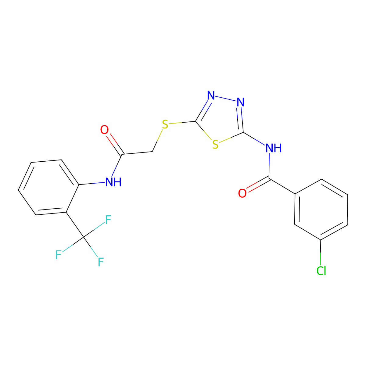 3-chloro-N-[5-[2-oxo-2-[2-(trifluoromethyl)anilino]ethyl]sulfanyl-1,3,4-thiadiazol-2-yl]benzamide molecular structure, CAS 392296-98-9