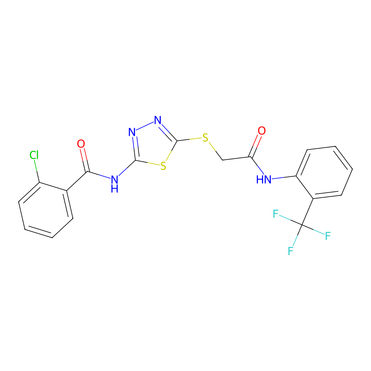 2-chloro-N-(5-((2-oxo-2-((2-(trifluoromethyl)phenyl)amino)ethyl)thio)-1,3,4-thiadiazol-2-yl)benzamide molecular structure, CAS 392296-99-0
