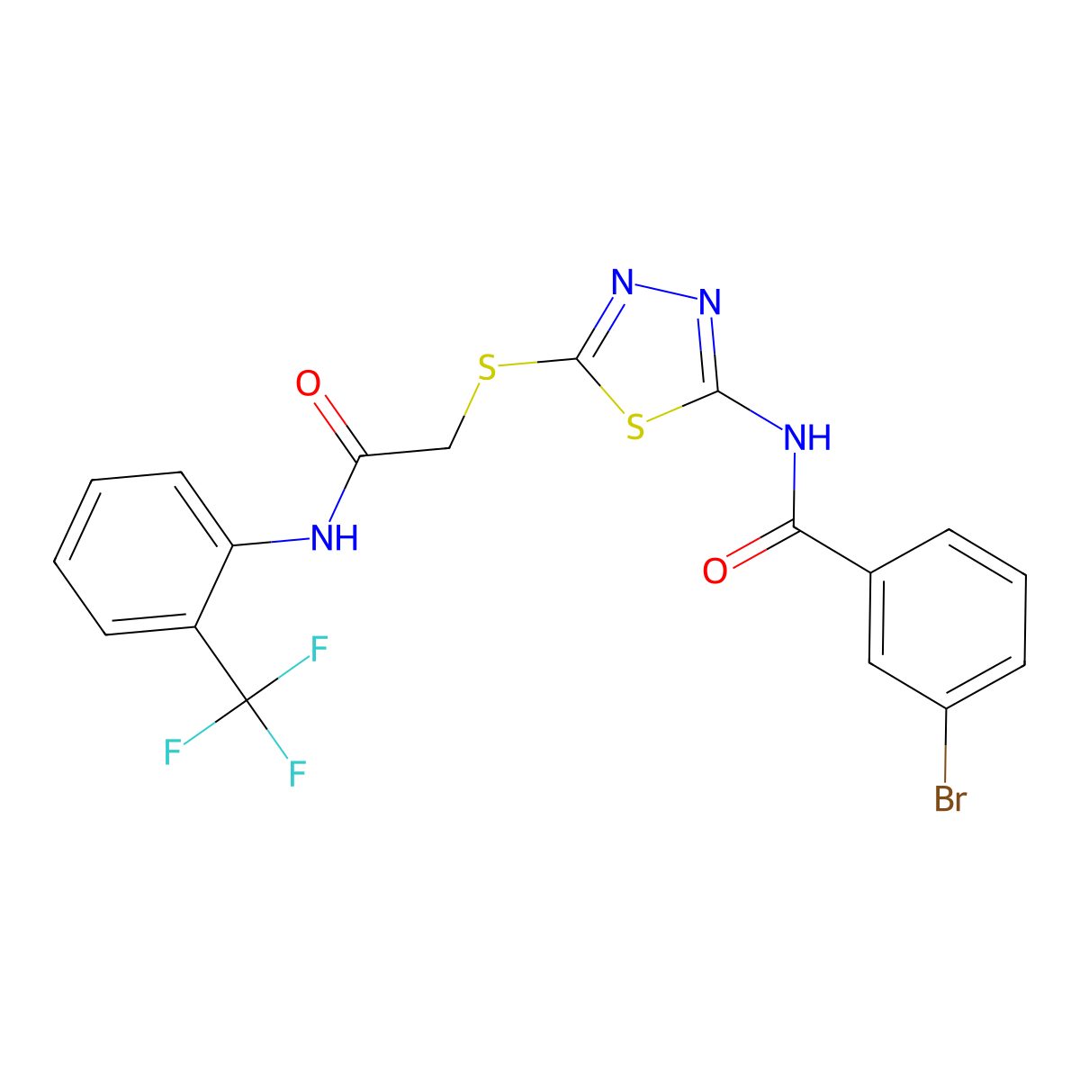 3-bromo-N-(5-((2-oxo-2-((2-(trifluoromethyl)phenyl)amino)ethyl)thio)-1,3,4-thiadiazol-2-yl)benzamide molecular structure, CAS 392297-00-6