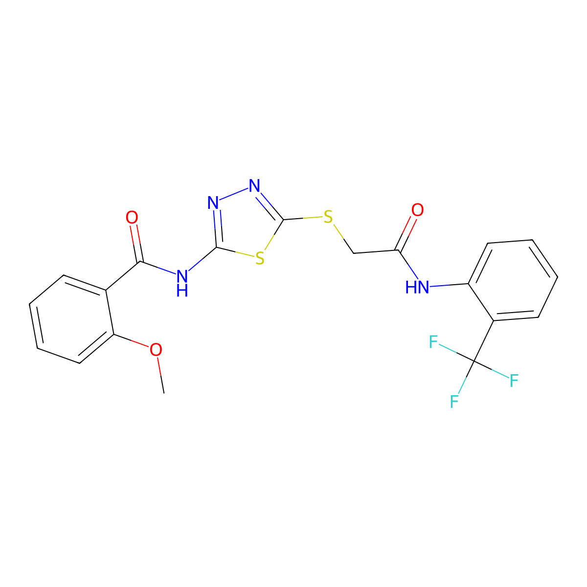 2-methoxy-N-(5-((2-oxo-2-((2-(trifluoromethyl)phenyl)amino)ethyl)thio)-1,3,4-thiadiazol-2-yl)benzamide molecular structure, CAS 392297-02-8