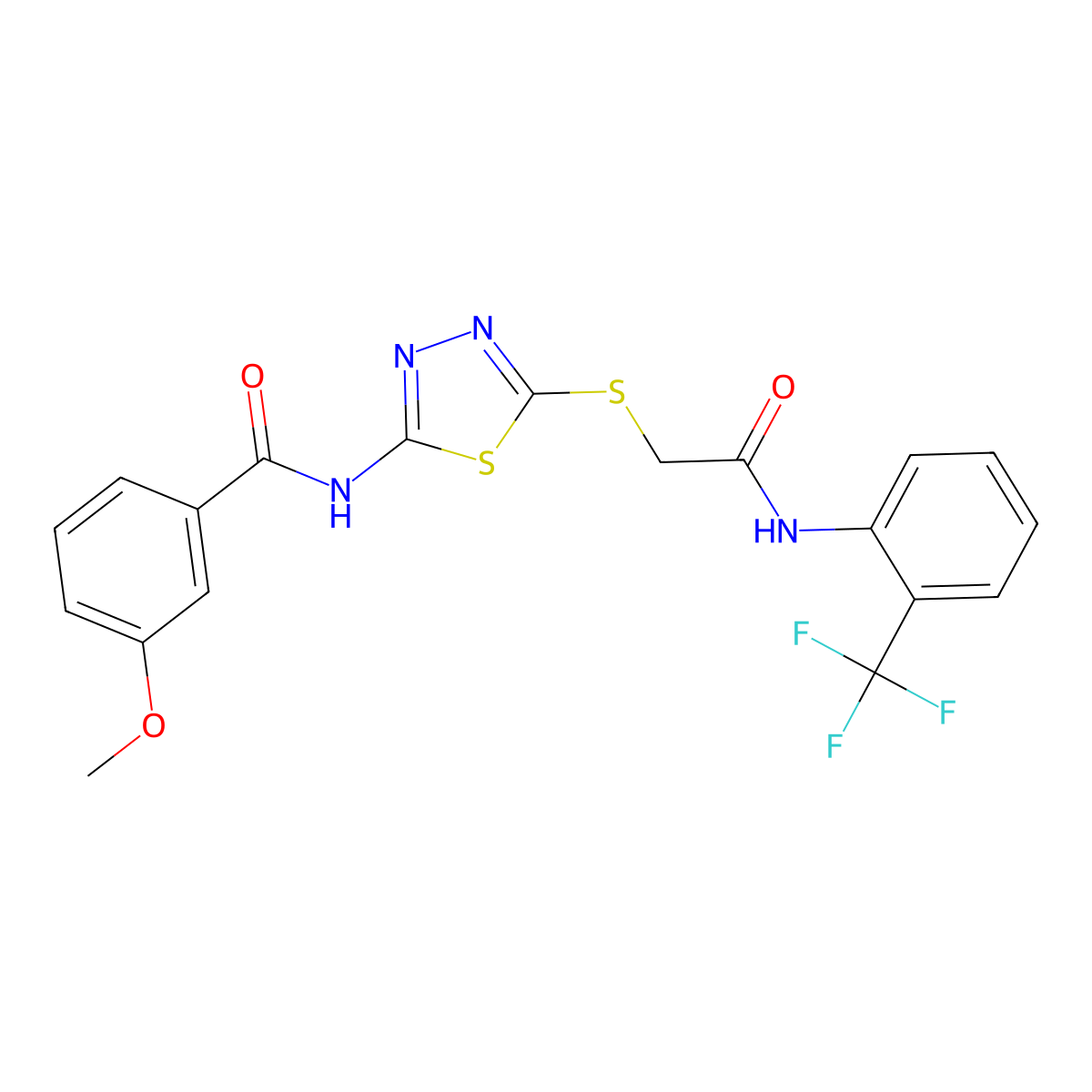 3-methoxy-N-(5-((2-oxo-2-((2-(trifluoromethyl)phenyl)amino)ethyl)thio)-1,3,4-thiadiazol-2-yl)benzamide molecular structure, CAS 392297-03-9
