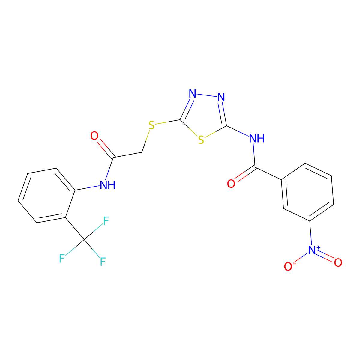 3-nitro-N-(5-((2-oxo-2-((2-(trifluoromethyl)phenyl)amino)ethyl)thio)-1,3,4-thiadiazol-2-yl)benzamide molecular structure, CAS 392297-06-2