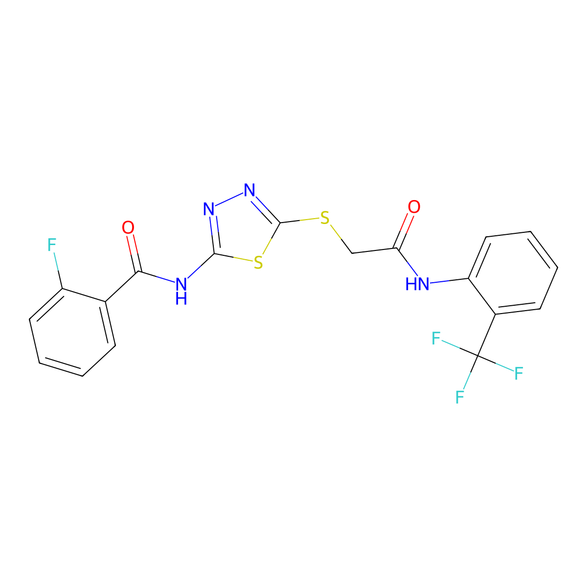 2-fluoro-N-(5-((2-oxo-2-((2-(trifluoromethyl)phenyl)amino)ethyl)thio)-1,3,4-thiadiazol-2-yl)benzamide molecular structure, CAS 392297-08-4