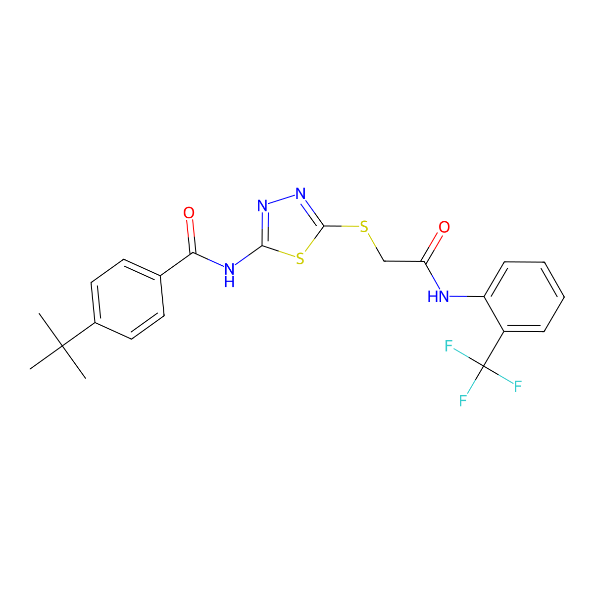 4-(tert-butyl)-N-(5-((2-oxo-2-((2-(trifluoromethyl)phenyl)amino)ethyl)thio)-1,3,4-thiadiazol-2-yl)benzamide molecular structure, CAS 392297-11-9