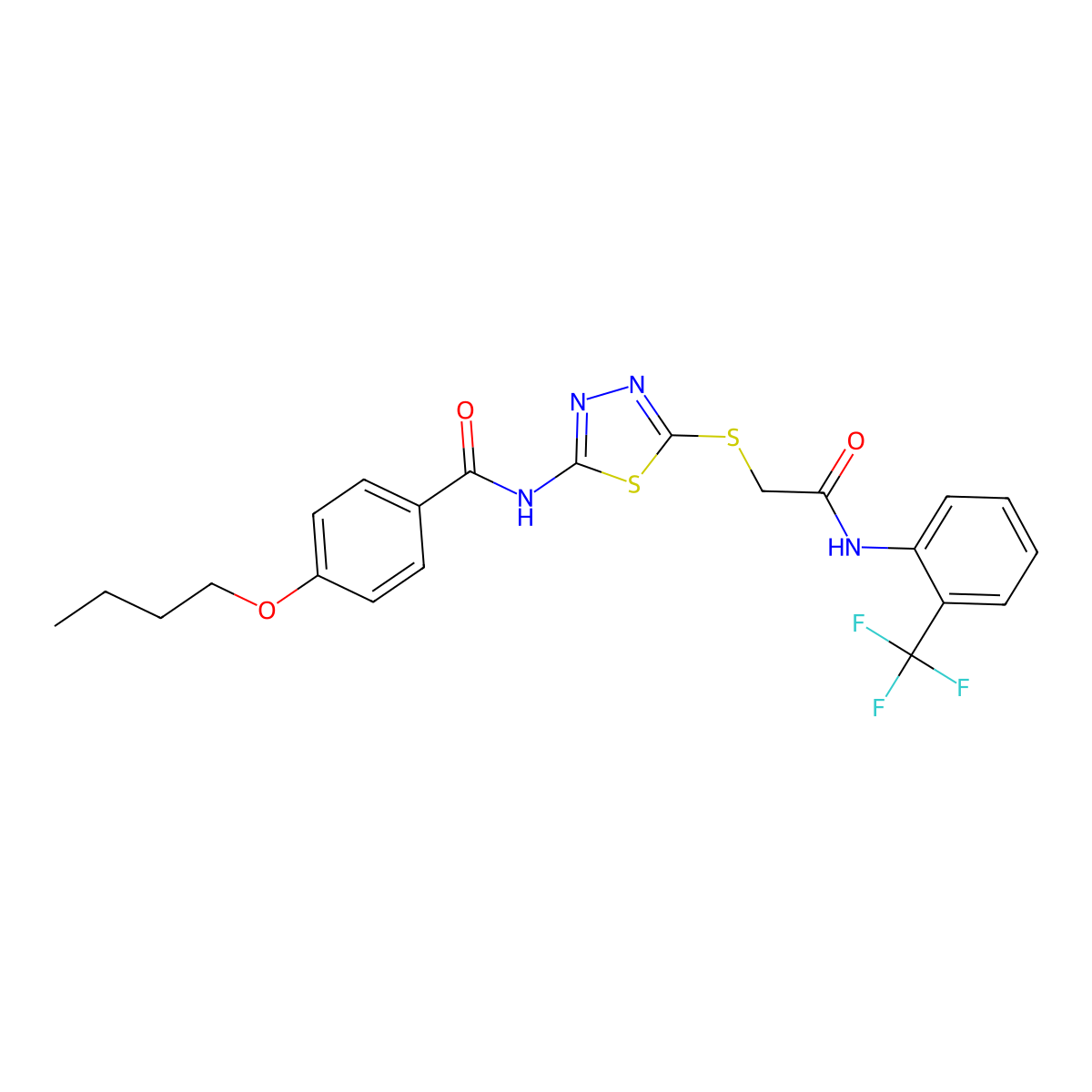 4-butoxy-N-(5-((2-oxo-2-((2-(trifluoromethyl)phenyl)amino)ethyl)thio)-1,3,4-thiadiazol-2-yl)benzamide molecular structure, CAS 392297-14-2