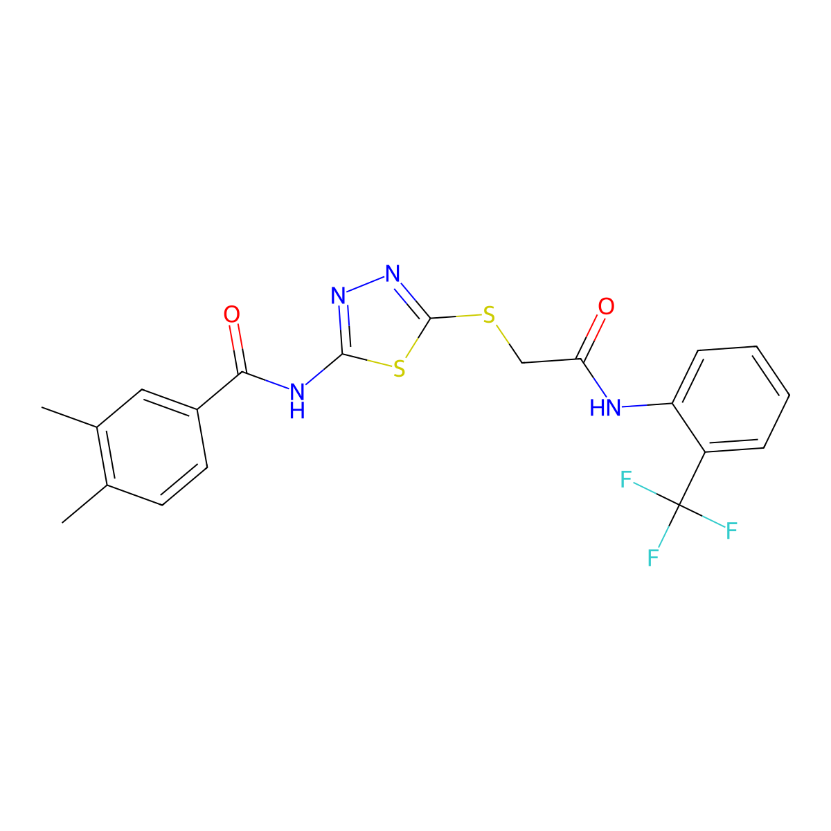 3,4-dimethyl-N-(5-((2-oxo-2-((2-(trifluoromethyl)phenyl)amino)ethyl)thio)-1,3,4-thiadiazol-2-yl)benzamide molecular structure, CAS 392297-15-3