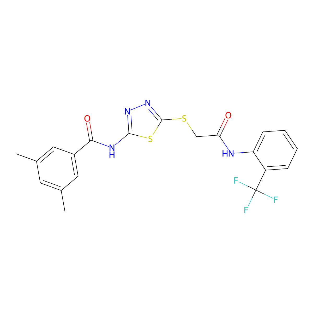 3,5-dimethyl-N-(5-((2-oxo-2-((2-(trifluoromethyl)phenyl)amino)ethyl)thio)-1,3,4-thiadiazol-2-yl)benzamide molecular structure, CAS 392297-16-4