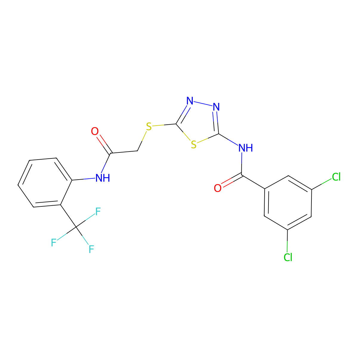 3,5-dichloro-N-(5-((2-oxo-2-((2-(trifluoromethyl)phenyl)amino)ethyl)thio)-1,3,4-thiadiazol-2-yl)benzamide molecular structure, CAS 392297-17-5