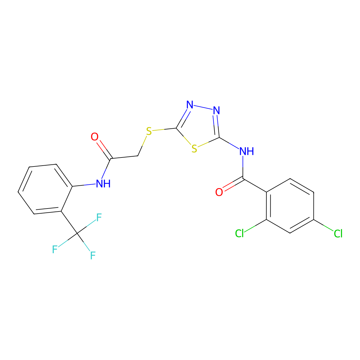 2,4-dichloro-N-[5-[2-oxo-2-[2-(trifluoromethyl)anilino]ethyl]sulfanyl-1,3,4-thiadiazol-2-yl]benzamide molecular structure, CAS 392297-18-6