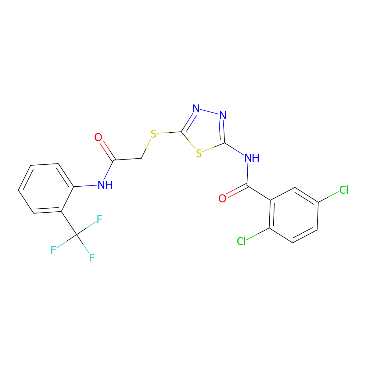 2,5-dichloro-N-(5-((2-oxo-2-((2-(trifluoromethyl)phenyl)amino)ethyl)thio)-1,3,4-thiadiazol-2-yl)benzamide molecular structure, CAS 392297-19-7