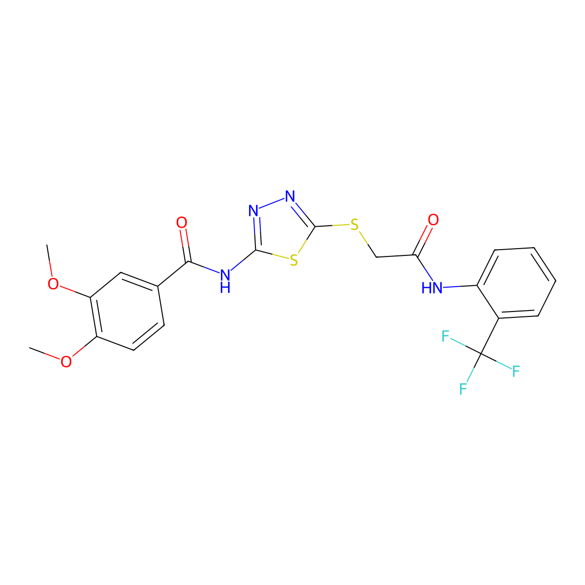 3,4-dimethoxy-N-(5-((2-oxo-2-((2-(trifluoromethyl)phenyl)amino)ethyl)thio)-1,3,4-thiadiazol-2-yl)benzamide molecular structure, CAS 392297-20-0
