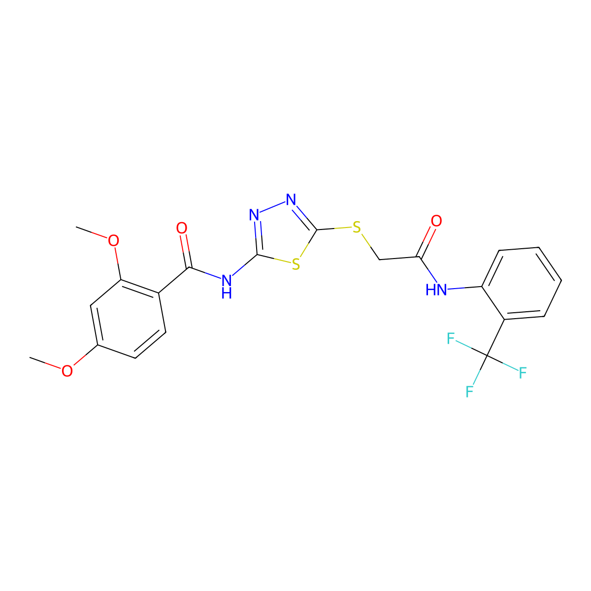 2,4-dimethoxy-N-(5-((2-oxo-2-((2-(trifluoromethyl)phenyl)amino)ethyl)thio)-1,3,4-thiadiazol-2-yl)benzamide molecular structure, CAS 392297-21-1