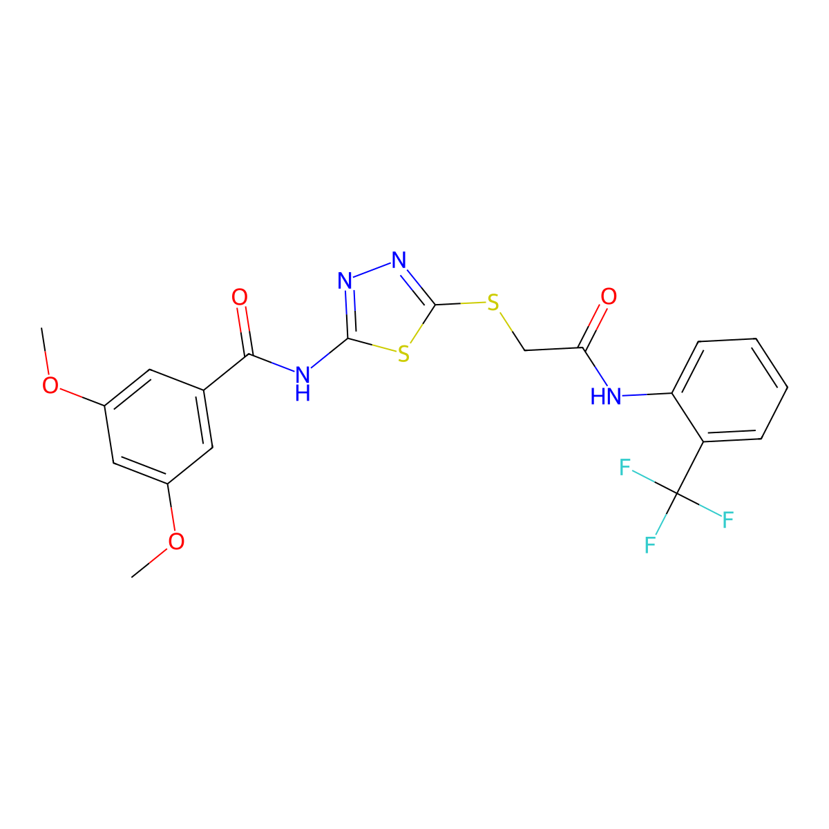 3,5-dimethoxy-N-(5-((2-oxo-2-((2-(trifluoromethyl)phenyl)amino)ethyl)thio)-1,3,4-thiadiazol-2-yl)benzamide molecular structure, CAS 392297-22-2