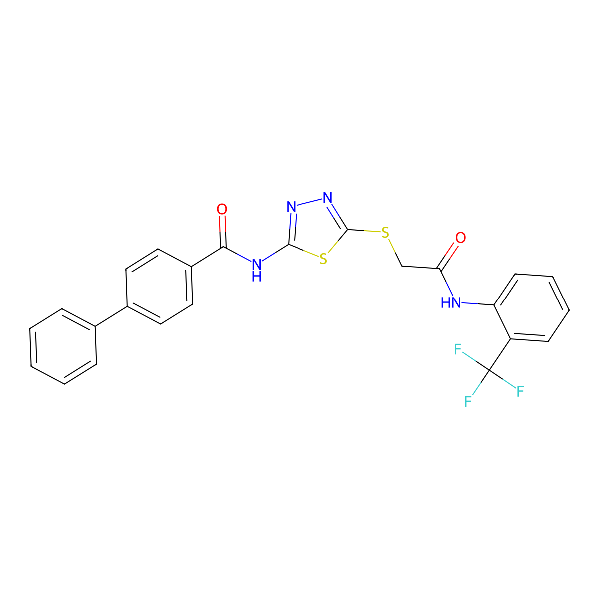 N-[5-[2-oxo-2-[2-(trifluoromethyl)anilino]ethyl]sulfanyl-1,3,4-thiadiazol-2-yl]-4-phenylbenzamide molecular structure, CAS 392297-25-5