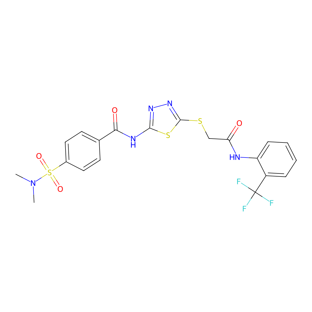 4-(dimethylsulfamoyl)-N-[5-[2-oxo-2-[2-(trifluoromethyl)anilino]ethyl]sulfanyl-1,3,4-thiadiazol-2-yl]benzamide molecular structure, CAS 392297-26-6