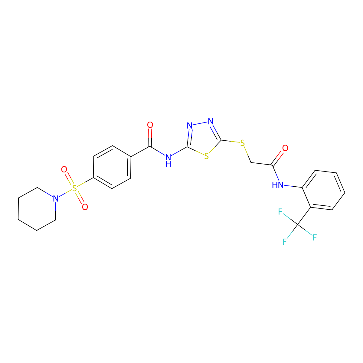 N-(5-((2-oxo-2-((2-(trifluoromethyl)phenyl)amino)ethyl)thio)-1,3,4-thiadiazol-2-yl)-4-(piperidin-1-ylsulfonyl)benzamide molecular structure, CAS 392297-28-8