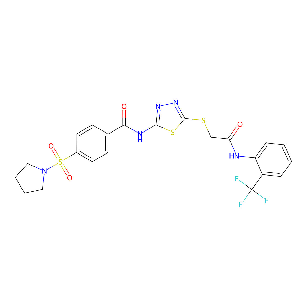 N-[5-[2-oxo-2-[2-(trifluoromethyl)anilino]ethyl]sulfanyl-1,3,4-thiadiazol-2-yl]-4-pyrrolidin-1-ylsulfonylbenzamide molecular structure, CAS 392297-32-4