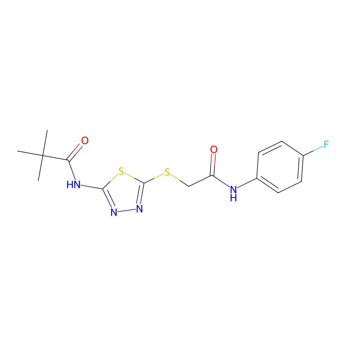 N-(5-((2-((4-fluorophenyl)amino)-2-oxoethyl)thio)-1,3,4-thiadiazol-2-yl)pivalamide molecular structure, CAS 392297-34-6