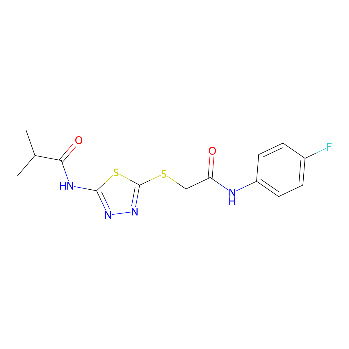 N-(5-((2-((4-fluorophenyl)amino)-2-oxoethyl)thio)-1,3,4-thiadiazol-2-yl)isobutyramide molecular structure, CAS 392297-35-7