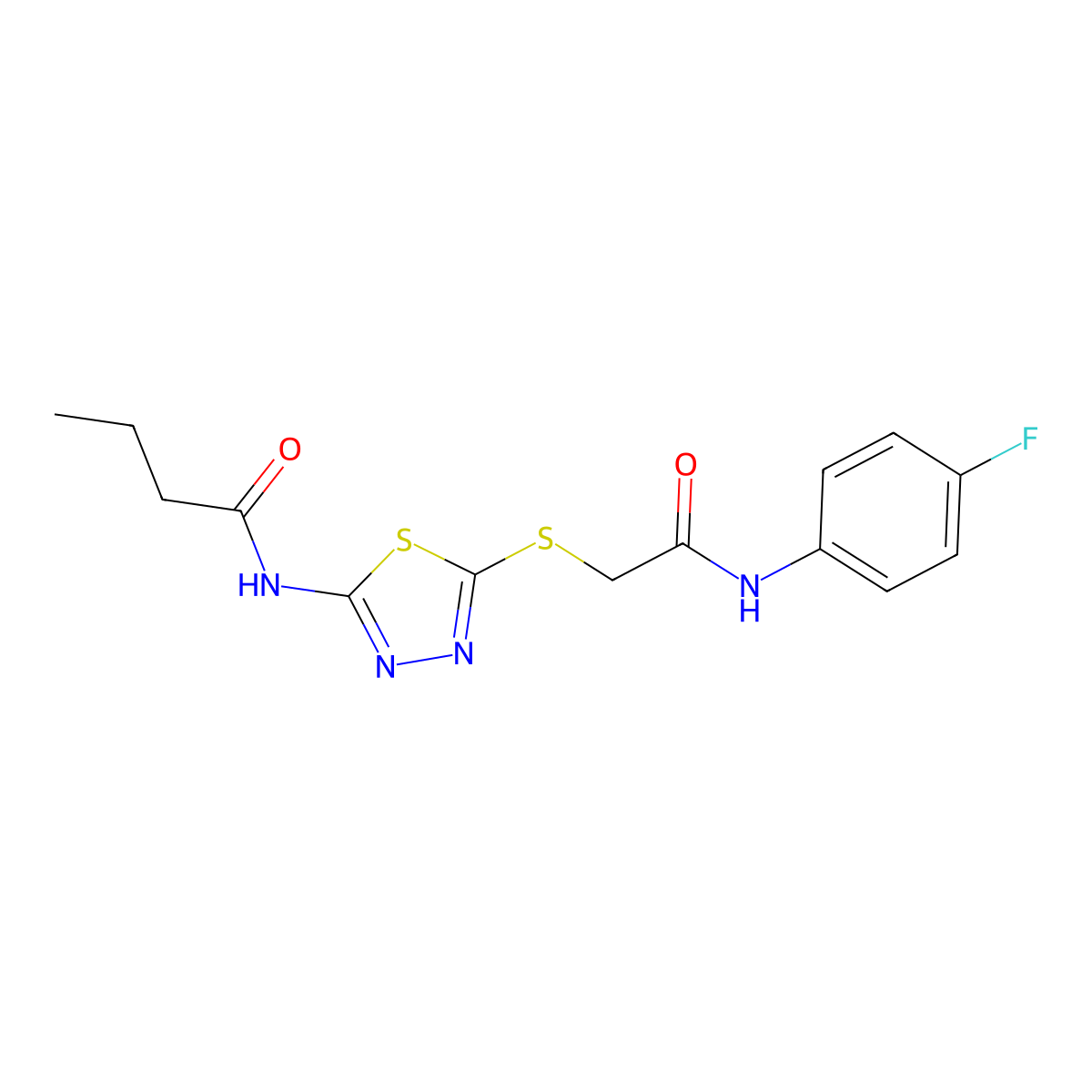N-(5-((2-((4-fluorophenyl)amino)-2-oxoethyl)thio)-1,3,4-thiadiazol-2-yl)butyramide molecular structure, CAS 392297-36-8