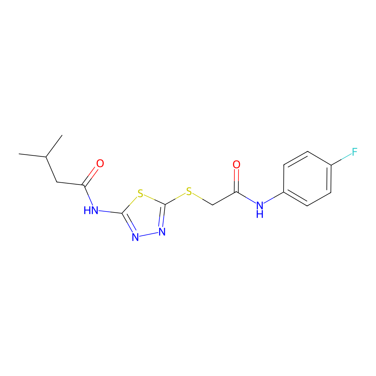 N-[5-[2-(4-fluoroanilino)-2-oxoethyl]sulfanyl-1,3,4-thiadiazol-2-yl]-3-methylbutanamide molecular structure, CAS 392297-38-0