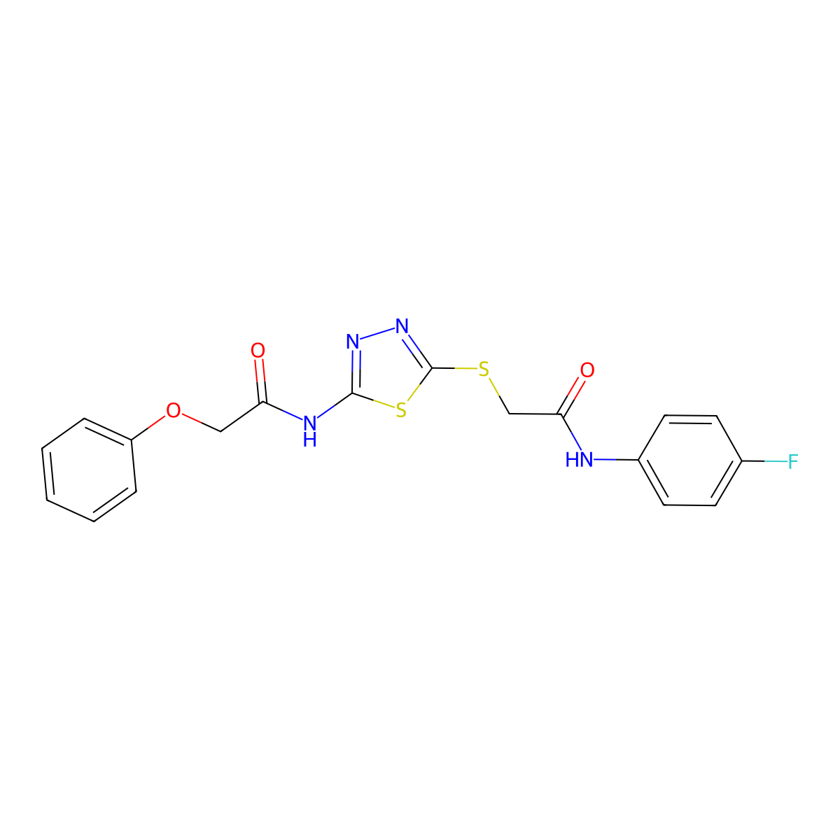 N-(4-fluorophenyl)-2-((5-(2-phenoxyacetamido)-1,3,4-thiadiazol-2-yl)thio)acetamide molecular structure, CAS 392297-39-1