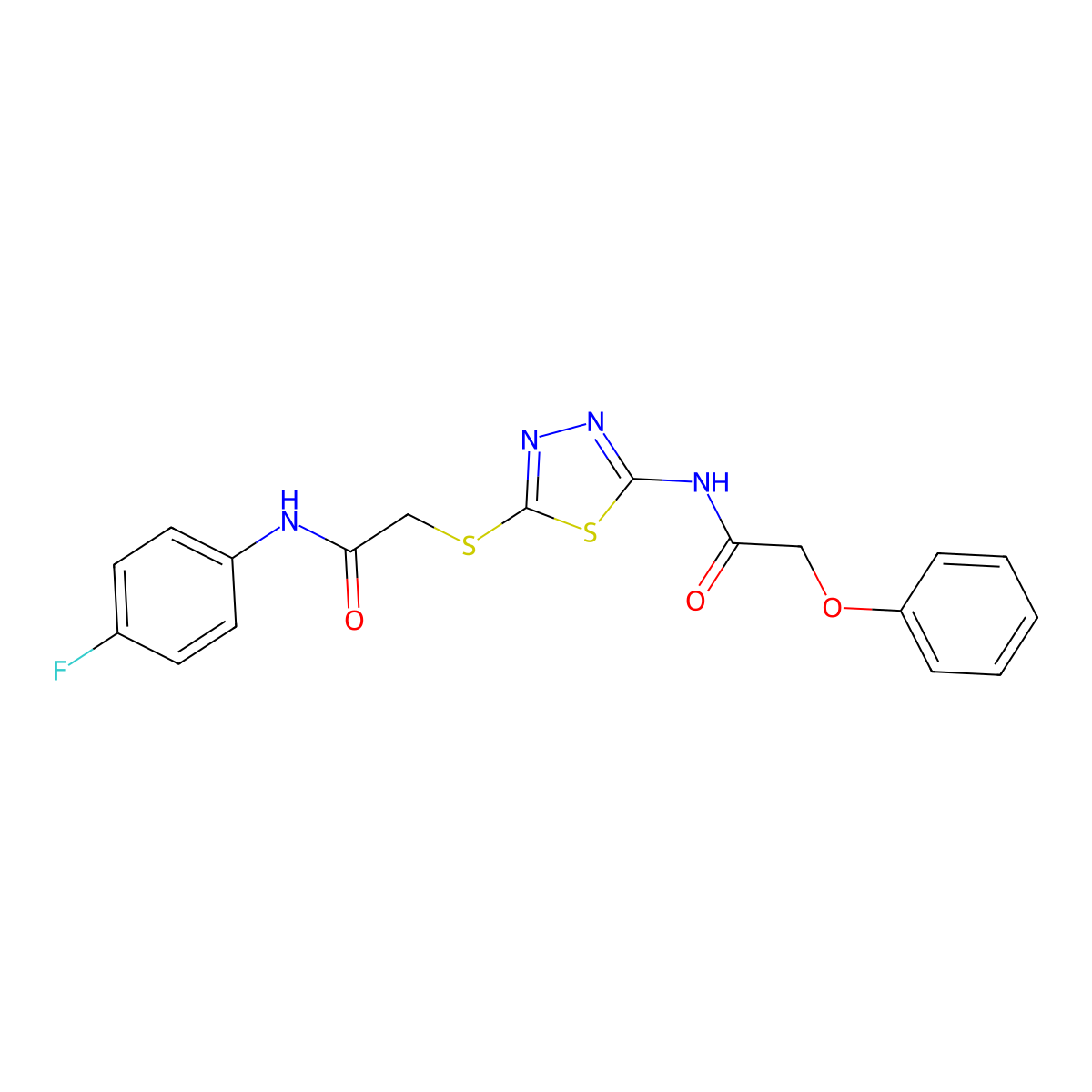 N-(4-fluorophenyl)-2-((5-(2-phenoxyacetamido)-1,3,4-thiadiazol-2-yl)thio)acetamide molecular structure, CAS 392297-39-1