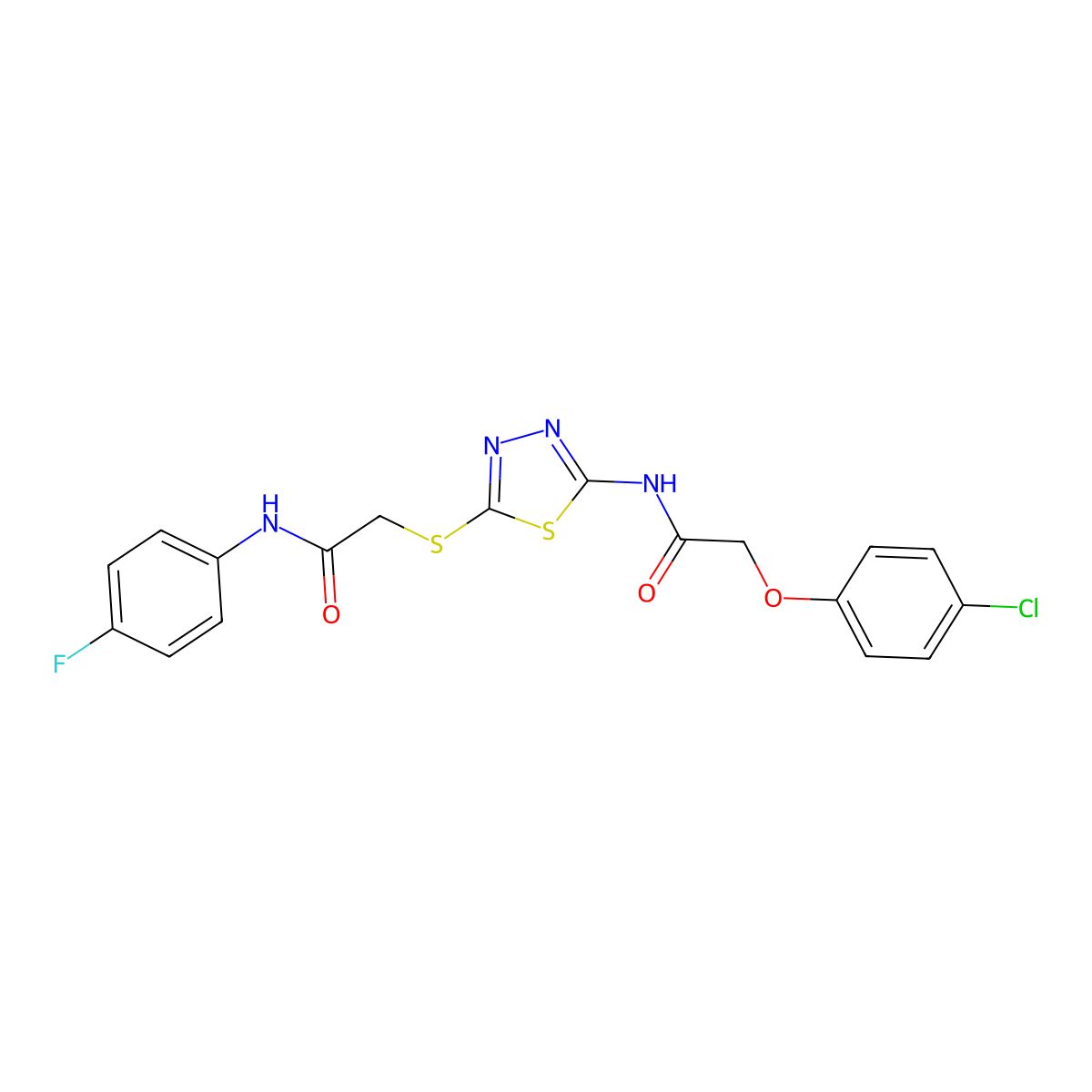 2-(4-chlorophenoxy)-N-(5-((2-((4-fluorophenyl)amino)-2-oxoethyl)thio)-1,3,4-thiadiazol-2-yl)acetamide molecular structure, CAS 392297-40-4